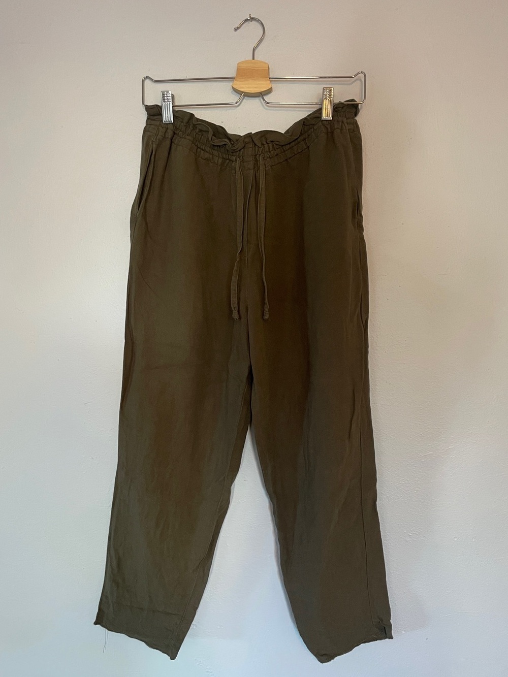 Olive Drawstring Linen Blend Pants with Pockets S